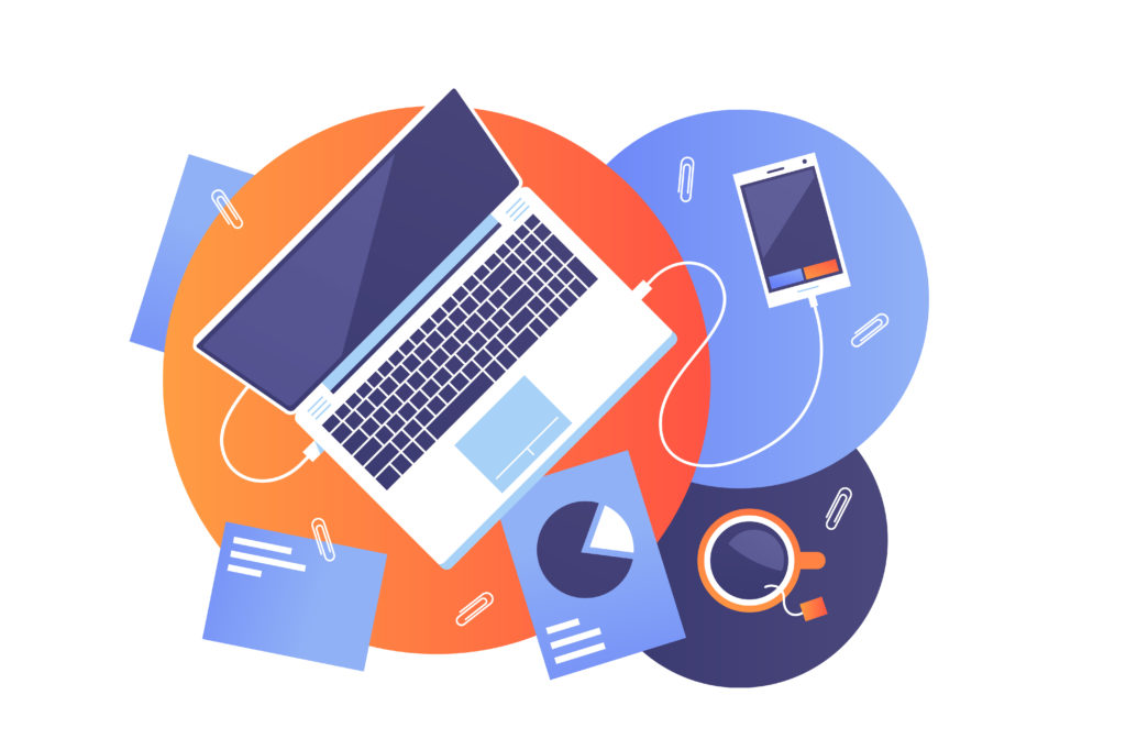 Desktop of modern worker illustration. Top view on workplace with laptop, documents, cup of tea and smartphone charging from PC.